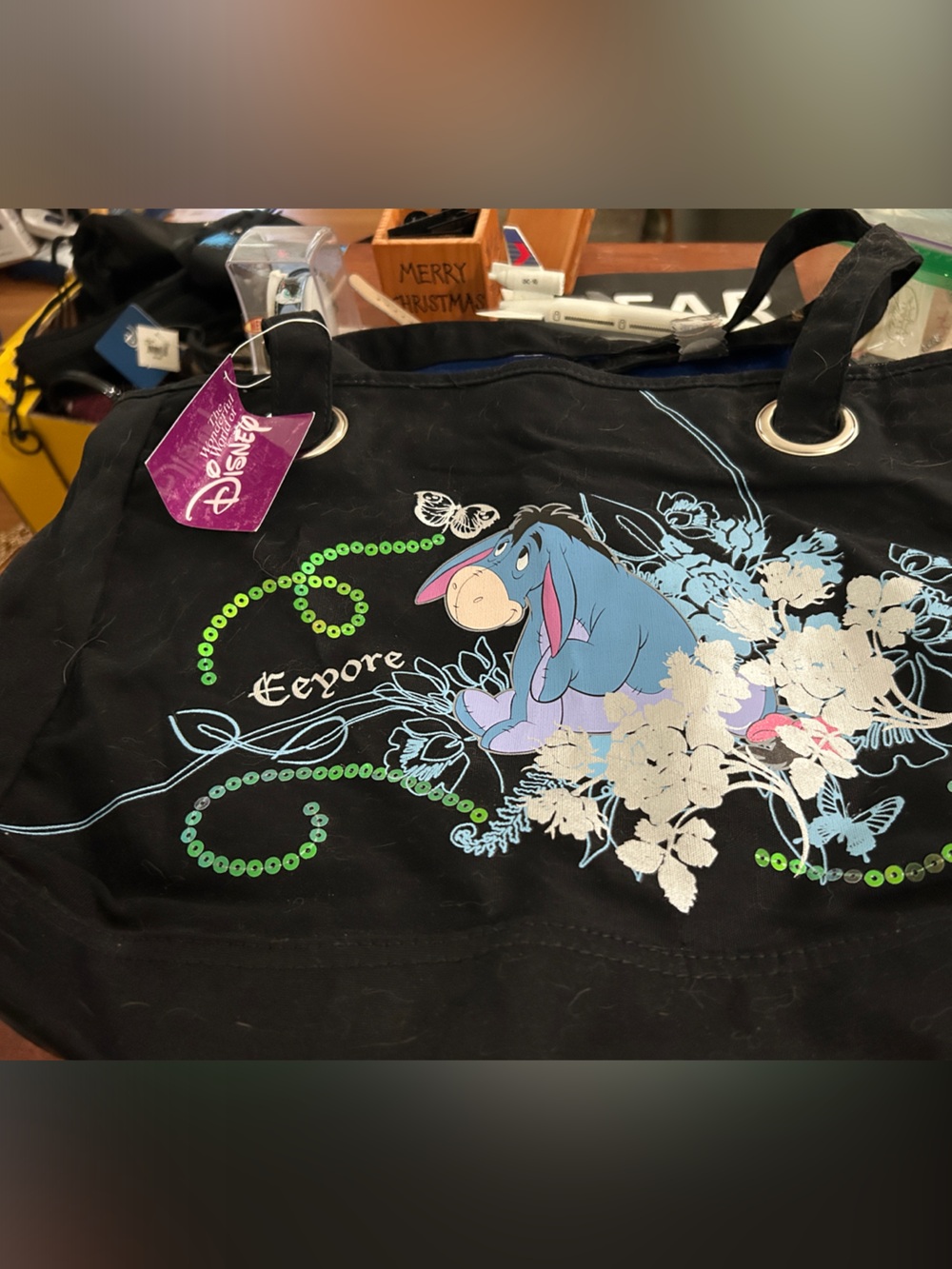Disney Black Tote Bag with Blue Eeyore and Green Accents